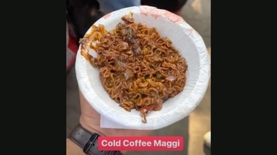 The image, taken from an Instagram video, shows cold coffee Maggi.&nbsp; (Instagram/@radiokarohan)