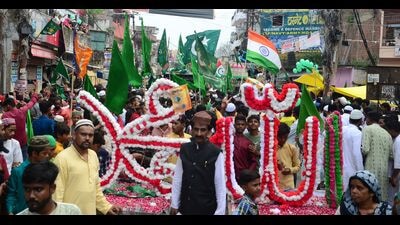 Eid-Milad-un-Nabi procession being taken out in old city area of Prayagraj. (Anil Maurya/HT Photo)
