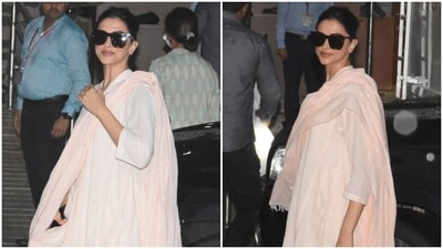 Deepika Padukone clicked at the Mumbai airport in a simple suit set. (HT Photo) Deepika Padukone clicked at the Mumbai airport in a simple suit set. (HT Photo)