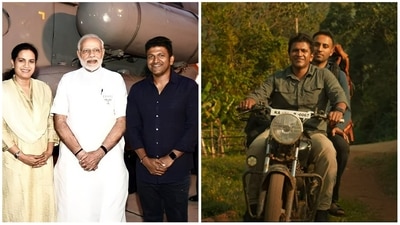 Puneeth Rajkumar with Narendra Modi (left) and in a still from GG trailer. Puneeth Rajkumar with Narendra Modi (left) and in a still from GG trailer. 