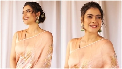 Kajol poses in a blush pink organza saree and sleeveless blouse. (Instagram) Kajol poses in a blush pink organza saree and sleeveless blouse. (Instagram)