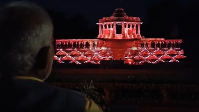 PM Modi observing the 3D projection mapping light and sound show at the Surya Mandir in Modhera, Gujarat.