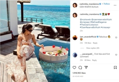 Rashmika posted a picture in which she sat beside a swimming pool. Rashmika posted a picture in which she sat beside a swimming pool.