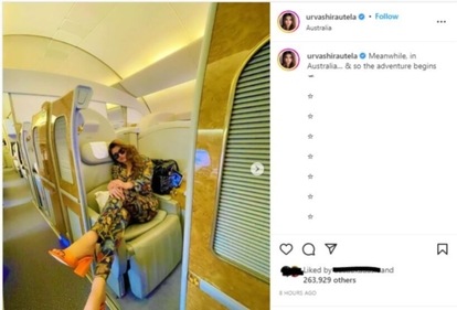 Urvashi posed inside the aircraft in a multi-coloured outfit.