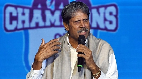 Former Indian cricketer Kapil Dev speaks during the felicitation ceremony at Taj Palace, in New Delhi on Friday. (ANI Photo)(ANI)