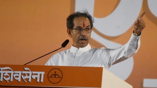 Former Maharashtra chief minister and Shiv Sena chief Uddhav Thackeray addresses the Dussehra rally at Chhatrapati Shivaji Maharaj Park, Dadar. (ANI file)