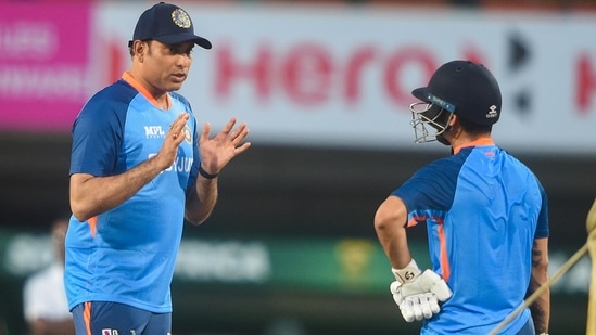 Indian cricketer Ishan Kishan with coach VVS Laxman during a training session on the eve of the 2nd ODI(PTI)