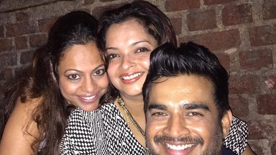 R Madhavan with his sister Devika and wife Sarita Birje.