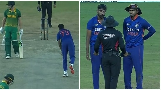 Mohammed Siraj and Shreyas Iyer have a chat with the umpire following the overthrow incident.(Twitter)