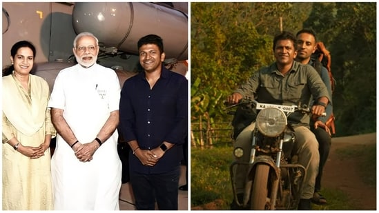 Puneeth Rajkumar with Narendra Modi (left) and in a still from GG trailer.&nbsp;