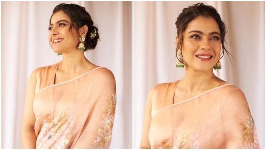 Kajol's blush pink organza saree and plunging neck blouse worth ₹34k is a  must-have for your Karwa Chauth wardrobe