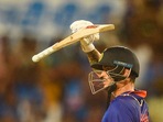 Indian batter Ishan Kishan celebrates after scoring a half century (PTI) Indian batter Ishan Kishan celebrates after scoring a half century (PTI)