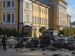 Russia-Ukraine War: Police inspect the scene of Russian shelling in Kyiv, Ukraine.