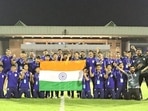 Indian football players celebrate qualifying for the AFC U-17 Asian Cup 2023