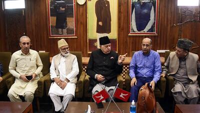 National Conference chief Farooq Abdullah (centre) addresses a condolence meeting for former UP CM Mulayam Singh Yadav at party headquarters, in Srinagar on Monday. (ANI Photo)
