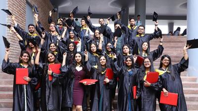 Students in a jubilant mood after receiving degrees at Chandigarh University’s convocation. (HT Photo)