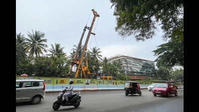 Pune Metropolitan Region Development Authority (PMRDA) started work on the construction of the new multilevel flyover at Savitribai Phule University chowk on Monday. (HT PHOTO)