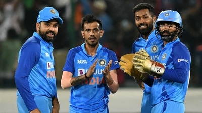 Yuzvendra Chahal with teammates Rohit Sharma, Dinesh Karthik, Hardik Pandya (AFP) Yuzvendra Chahal with teammates Rohit Sharma, Dinesh Karthik, Hardik Pandya (AFP)