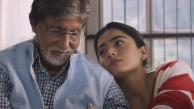 Amitabh Bachchan and Rashmika Mandanna in a still from Goodbye. Amitabh Bachchan and Rashmika Mandanna in a still from Goodbye.