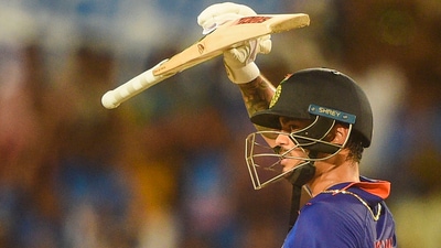 Indian batter Ishan Kishan celebrates after scoring a half century (PTI) Indian batter Ishan Kishan celebrates after scoring a half century (PTI)