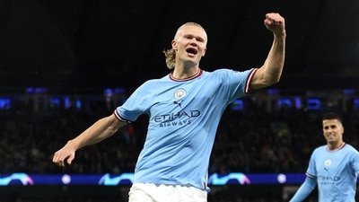 Manchester City's Erling Braut Haaland celebrates scoring a goal (Reuters)