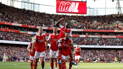 Premier League - Arsenal v Liverpool - Arsenal's Gabriel Martinelli celebrates scoring their first goal with Takehiro Tomiyasu, Granit Xhaka, William Saliba and Bukayo Saka (Action Images via Reuters)