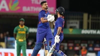 India's Ishan Kishan, right, greets Shreyas Iyer (AP) India's Ishan Kishan, right, greets Shreyas Iyer (AP)