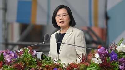 Taiwan's President Tsai Ing-wen speaks at a ceremony to mark the island's National Day in front of the Presidential Office in Taipei on October 10, 2022. (AFP) Taiwan's President Tsai Ing-wen speaks at a ceremony to mark the island's National Day in front of the Presidential Office in Taipei on October 10, 2022. (AFP)