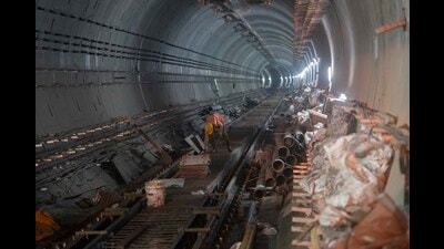 Work in progress at Shivajinagar underground metro station. At least 85% work has been completed. (Pratham Gokhale/HT Photo)