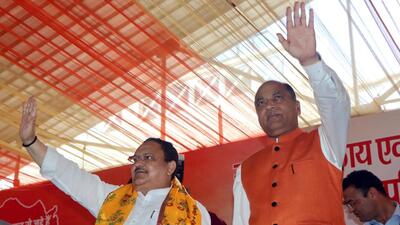 BJP national president JP Nadda and Himachal CM Jai Ram Thakur in Mandi on Monday. (Birbal Sharma/HT) BJP national president JP Nadda and Himachal CM Jai Ram Thakur in Mandi on Monday. (Birbal Sharma/HT)