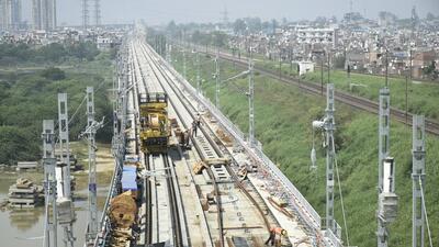 Ghaziabad, India - October 07, 2022: Construction work underway for the Rapid Rail project, in Vasundhara, Ghaziabad, India, on Friday, October 07, 2022. (Photo by Sakib Ali /Hindustan Times) Ghaziabad, India - October 07, 2022: Construction work underway for the Rapid Rail project, in Vasundhara, Ghaziabad, India, on Friday, October 07, 2022. (Photo by Sakib Ali /Hindustan Times)