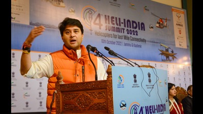 Union minister for civil aviation Jyotiraditya M Scindia addresses the inauguration of the 4th Heli-India Summit 2022, at SKICC in Srinagar, on Monday. (PTI) Union minister for civil aviation Jyotiraditya M Scindia addresses the inauguration of the 4th Heli-India Summit 2022, at SKICC in Srinagar, on Monday. (PTI)