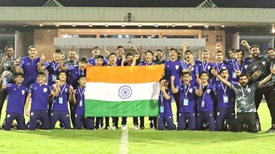 Indian football players celebrate qualifying for the AFC U-17 Asian Cup 2023 (twitter/ @kalyanchaubey) Indian football players celebrate qualifying for the AFC U-17 Asian Cup 2023 (twitter/ @kalyanchaubey)