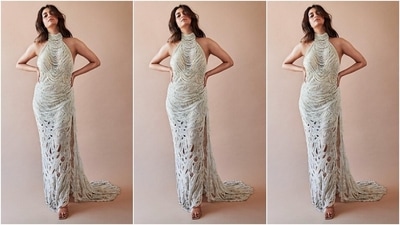 Regarding the out-of-the-box design, Keerthy's dress has beaded embellishments, a stacked and swirling rope-like structure, cut-outs on the skirt, and a see-through detail on the bust. (Instagram) Regarding the out-of-the-box design, Keerthy's dress has beaded embellishments, a stacked and swirling rope-like structure, cut-outs on the skirt, and a see-through detail on the bust. (Instagram)