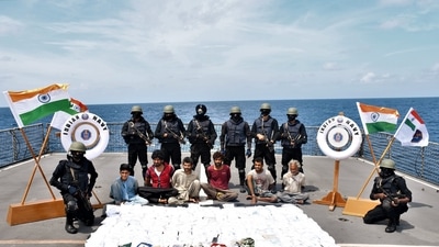 Narcotics Control Bureau (NCB) and Indian Navy apprehended a suspicious vessel carrying more than 200 kgs of narcotics, on Friday. The boat with its crew has been taken to Kochi for further investigation. (ANI) ( Indian Navy) Narcotics Control Bureau (NCB) and Indian Navy apprehended a suspicious vessel carrying more than 200 kgs of narcotics, on Friday. The boat with its crew has been taken to Kochi for further investigation. (ANI) ( Indian Navy)