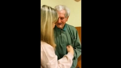 The image, taken from the video shared on Instagram, shows the woman surprising her grandfather with his name tattoo, (Instagram/@goodnewscorrespondent) The image, taken from the video shared on Instagram, shows the woman surprising her grandfather with his name tattoo, (Instagram/@goodnewscorrespondent)