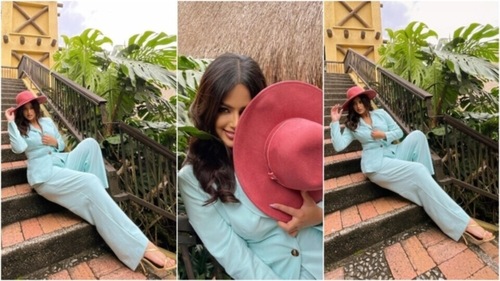Harnaaz Sandhu wears an ice blue pantsuit for a photoshoot. (Instagram) Harnaaz Sandhu wears an ice blue pantsuit for a photoshoot. (Instagram)