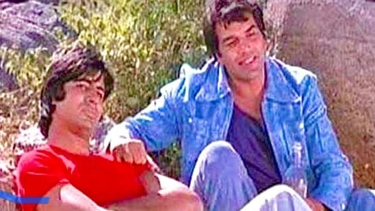 Dharmendra with Amitabh Bachchan from Sholay. Dharmendra with Amitabh Bachchan from Sholay. 