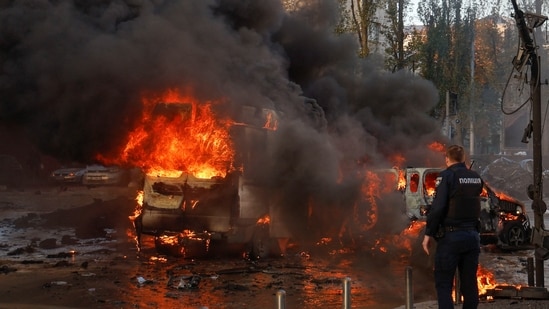 Russia-Ukraine War: Cars are seen on fire after Russian missile strikes, as Russia's attack continues, in Kyiv, Ukraine.(Reuters)