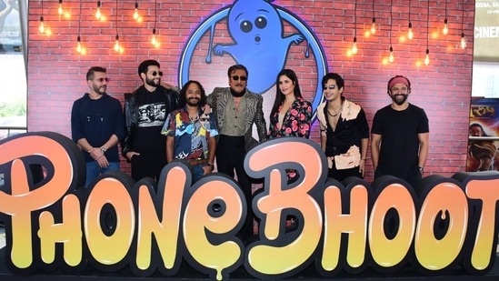 The star cast of horror comedy Phone Bhoot came together for the trailer launch of the film in Mumbai on Monday. Among them were Katrina Kaif, Siddhant Chaturvedi, Ishaan Khatter, Jackie Shroff and producer Farhan Akhtar. (Varinder Chawla) 