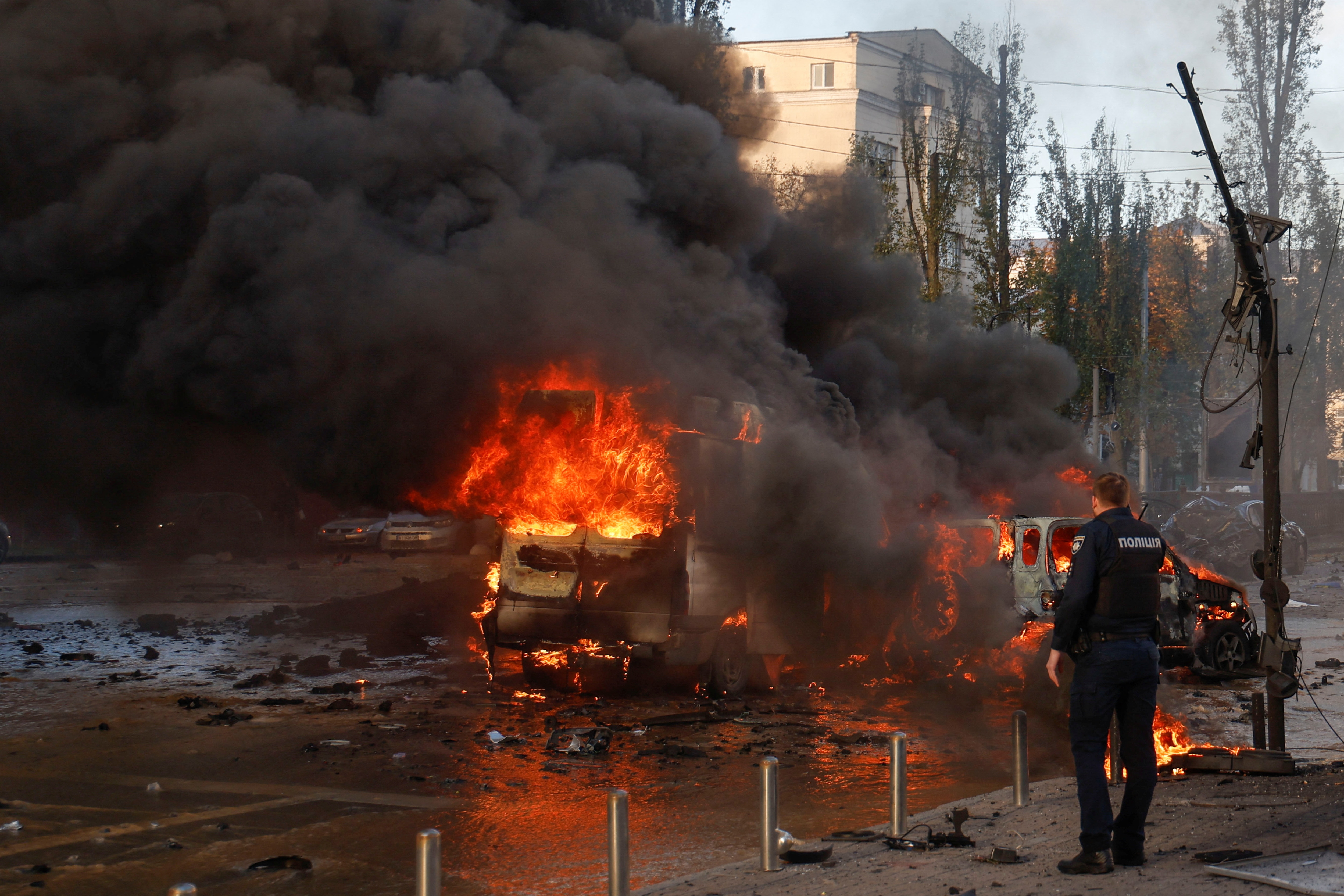 Russia-Ukraine War: Cars are seen on fire after Russian missile strikes, as Russia's attack continues, in Kyiv, Ukraine. (Reuters)