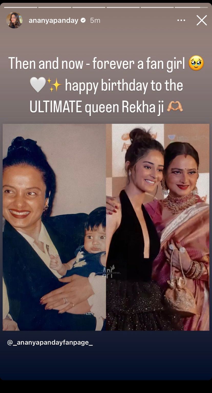 Ananya Panday wishes Rekha on her 68th birthday via Instagram Stories. Ananya Panday wishes Rekha on her 68th birthday via Instagram Stories. 