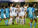 Players of India and USA in action during a match of the FIFA U-17 Women’s Football World Cup India 2022 at Kalinga Stadium, in Bhubaneswar.
