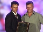 Former cricketer Roger Binny with Indian cricket team head coach Rahul Dravid in Bengaluru