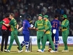 Indian players Sanju Samson and Shreyas Iyer being greeted by South African players after winning the 3rd and final ODI cricket match of the series(PTI) Indian players Sanju Samson and Shreyas Iyer being greeted by South African players after winning the 3rd and final ODI cricket match of the series(PTI)
