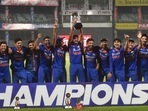 Indian players pose for photos with the trophy after winning the 3rd and final ODI cricket match of the series against South Africa(PTI) Indian players pose for photos with the trophy after winning the 3rd and final ODI cricket match of the series against South Africa(PTI)