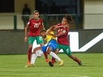 Players of Brazil and Morocco in action during their FIFA U-17 Women's World Cup 2022 match at Kalinga Stadium in Bhubaneswar Players of Brazil and Morocco in action during their FIFA U-17 Women's World Cup 2022 match at Kalinga Stadium in Bhubaneswar