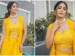 Hina Khan in traditional yellow outfit serves Karwa Chauth fashion inspiration for new brides. (Instagram) Hina Khan in traditional yellow outfit serves Karwa Chauth fashion inspiration for new brides. (Instagram)