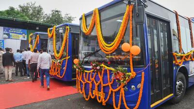 CNG buses during their flag-off ceremony at Rajghat Depot in New Delhi on Tuesday. (PTI) CNG buses during their flag-off ceremony at Rajghat Depot in New Delhi on Tuesday. (PTI)