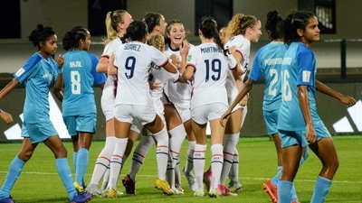 Players of India and USA in action during a match of the FIFA U-17 Women’s Football World Cup India 2022 at Kalinga Stadium, in Bhubaneswar. (Sai Saswat Mishra) Players of India and USA in action during a match of the FIFA U-17 Women’s Football World Cup India 2022 at Kalinga Stadium, in Bhubaneswar. (Sai Saswat Mishra)